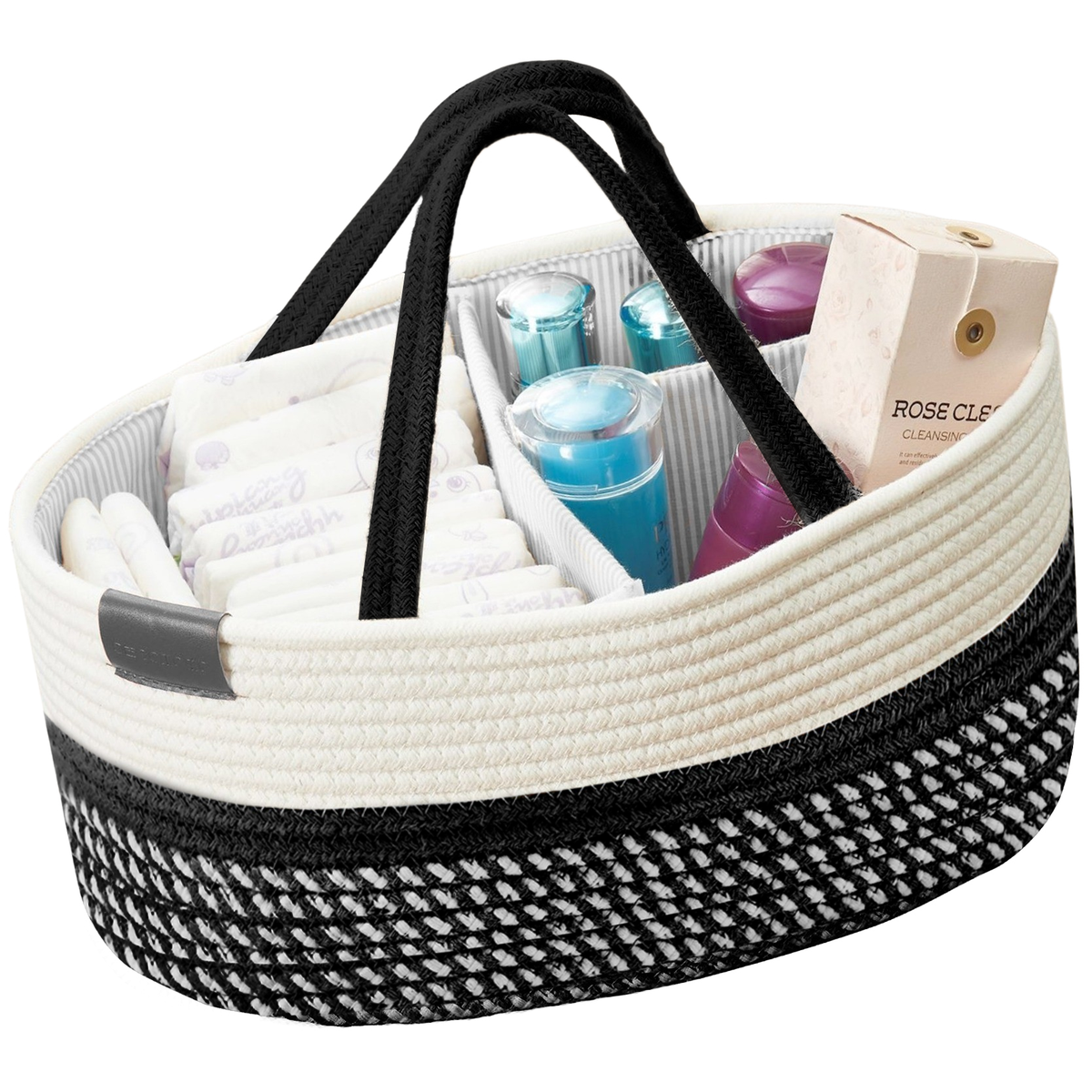 Cotton Diaper Caddy Organizer W/Removable Divider | Cotton Rope Diaper Storage Basket