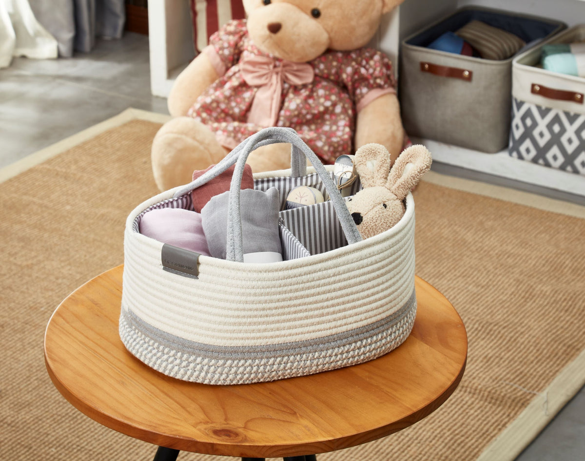 Cotton Diaper Caddy Organizer W/Removable Divider | Cotton Rope Diaper Storage Basket