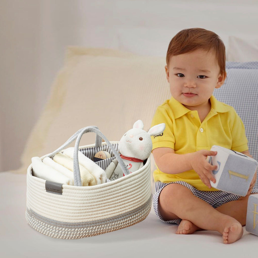 Cotton Diaper Caddy Organizer W/Removable Divider | Cotton Rope Diaper Storage Basket