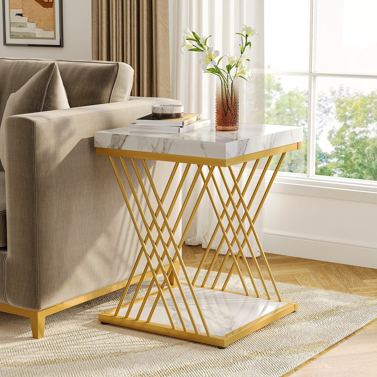 2-Tier Faux Marble End Table