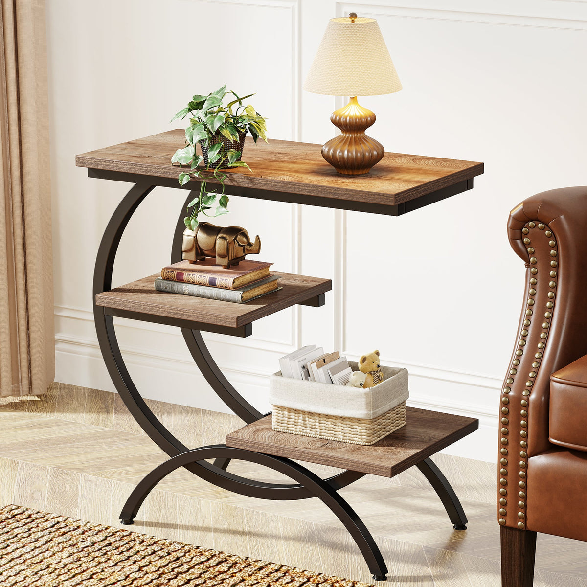 End Table Sofa Side Table with Storage Shelves