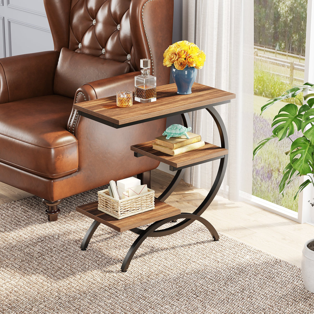 End Table Sofa Side Table with Storage Shelves