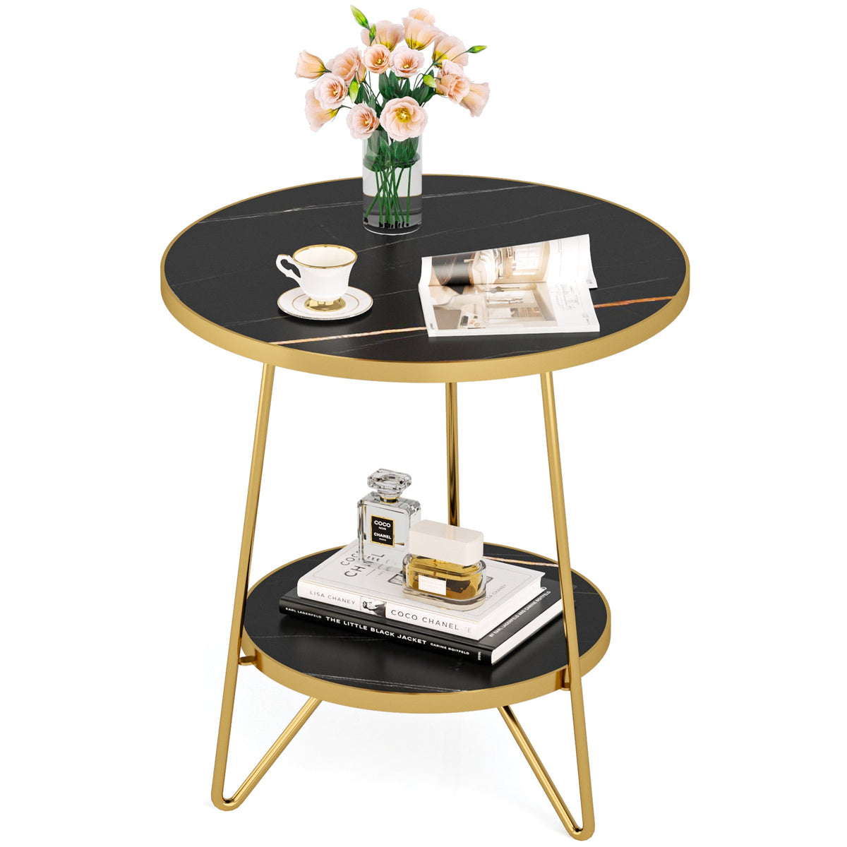 Faux Marble End Table, 2-Tier Round Sofa Table