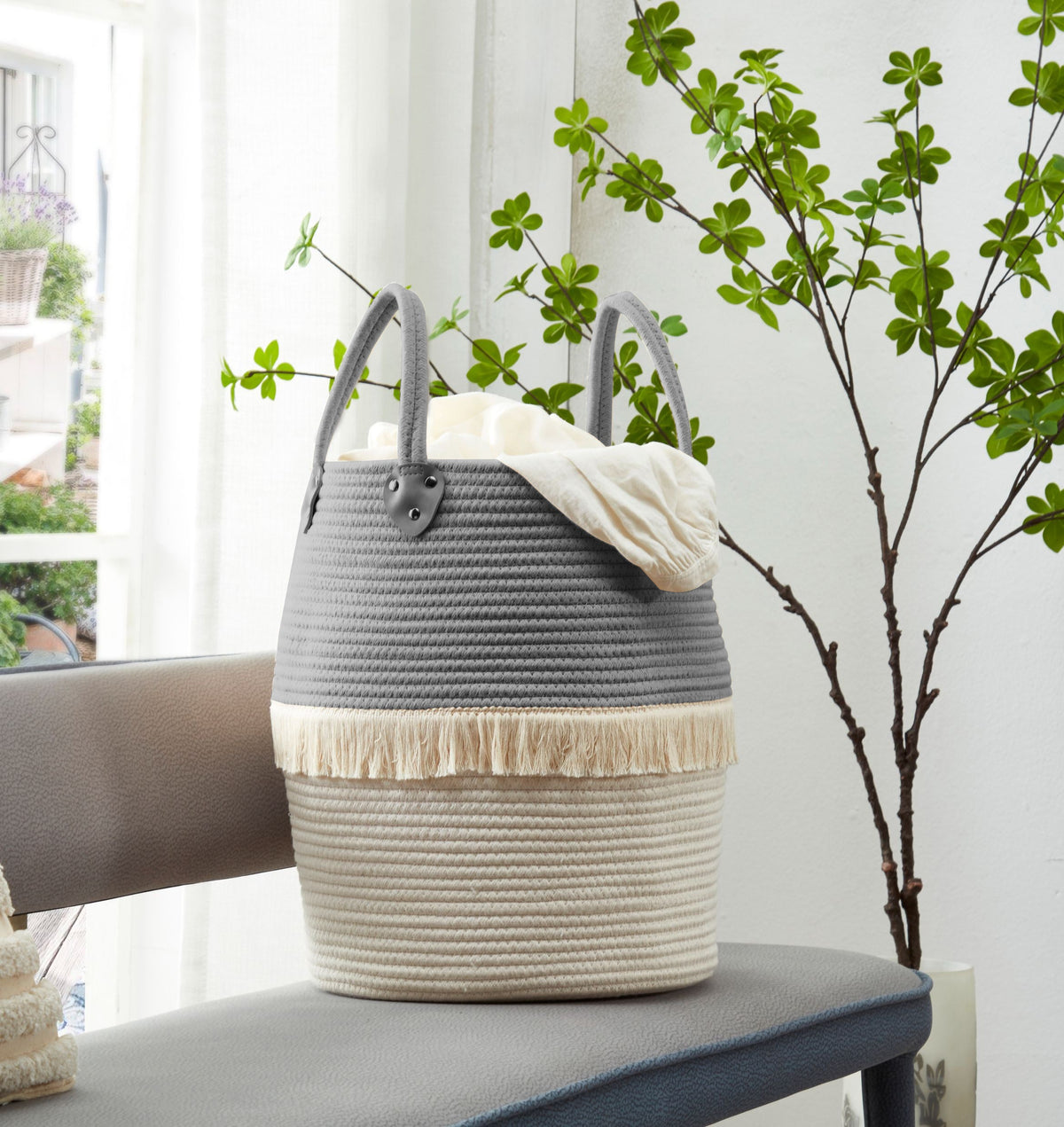 Large Decorative Basket | Baby Laundry Hamper | Woven Basket w/Handles