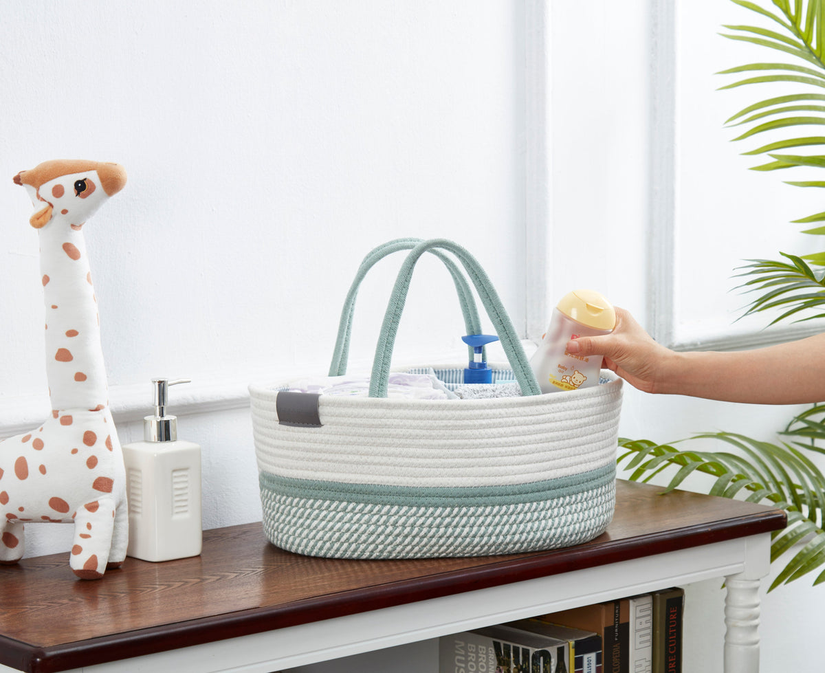 Cotton Diaper Caddy Organizer W/Removable Divider | Cotton Rope Diaper Storage Basket