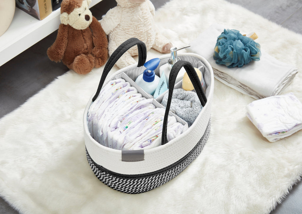 Cotton Diaper Caddy Organizer W/Removable Divider | Cotton Rope Diaper Storage Basket