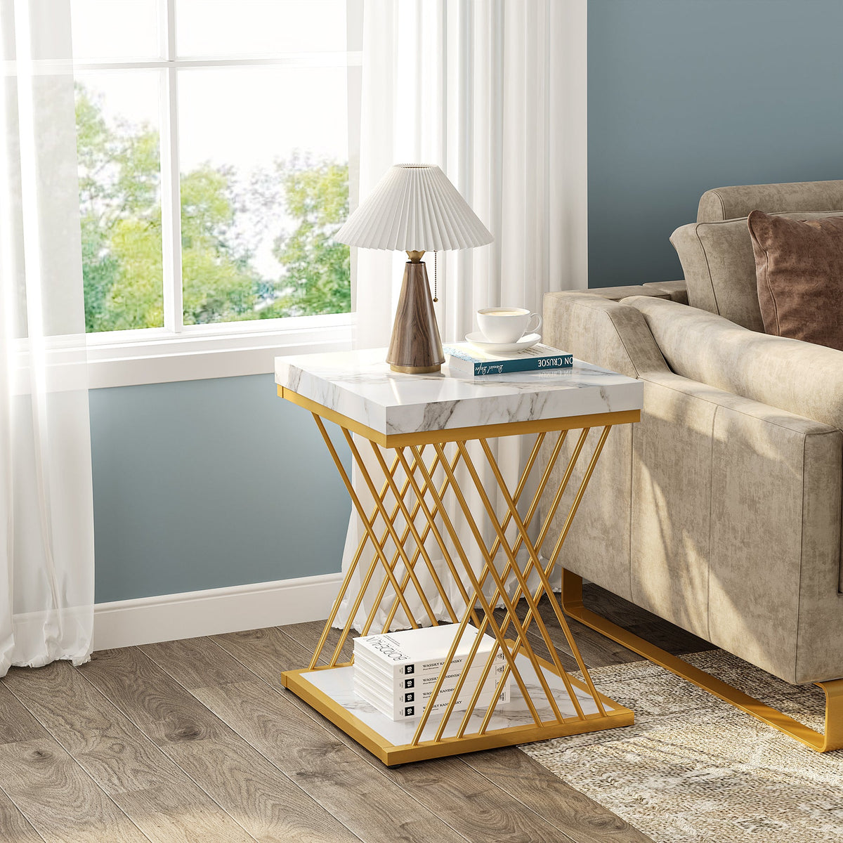 2-Tier Faux Marble End Table