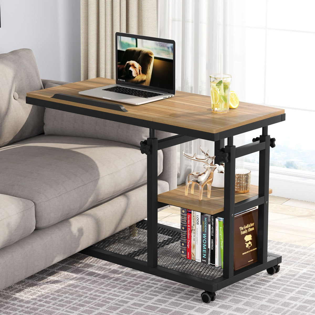 Height Adjustable C Side Table with Rolling Wheels