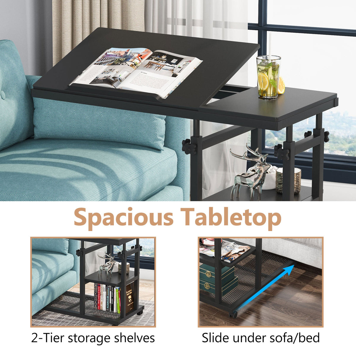 Height Adjustable C Side Table with Rolling Wheels