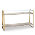 Andres Console – Wood-Look Shelves, Glass Top, Gold or Nickel