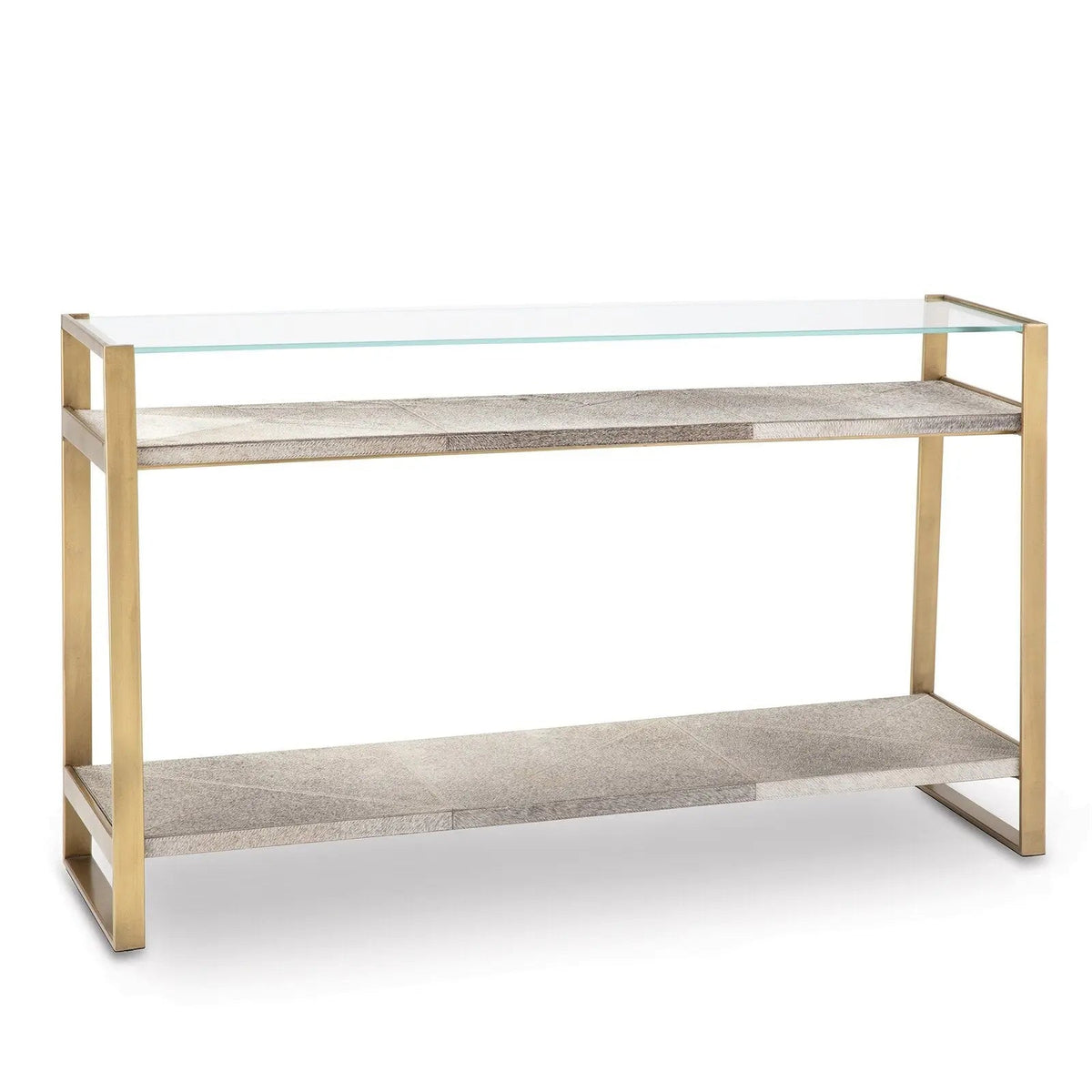 Andres Console – Wood-Look Shelves, Glass Top, Gold or Nickel