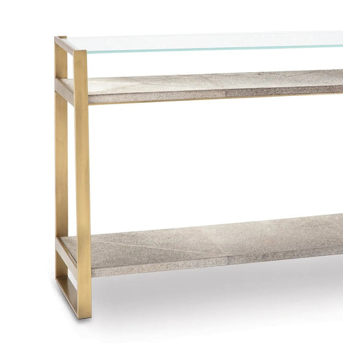 Andres Console – Wood-Look Shelves, Glass Top, Gold or Nickel
