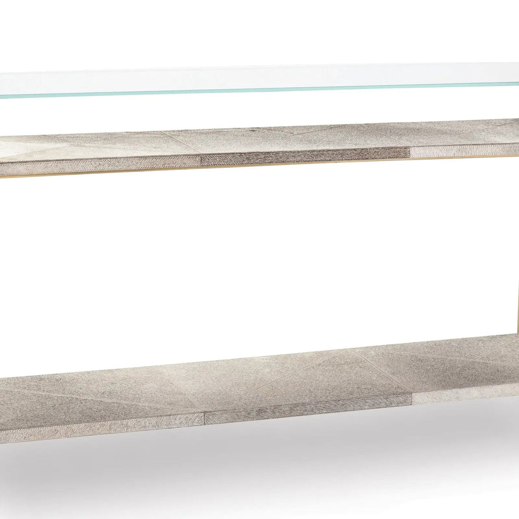 Andres Console – Wood-Look Shelves, Glass Top, Gold or Nickel