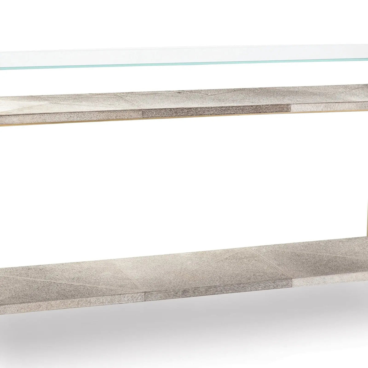 Andres Console – Wood-Look Shelves, Glass Top, Gold or Nickel