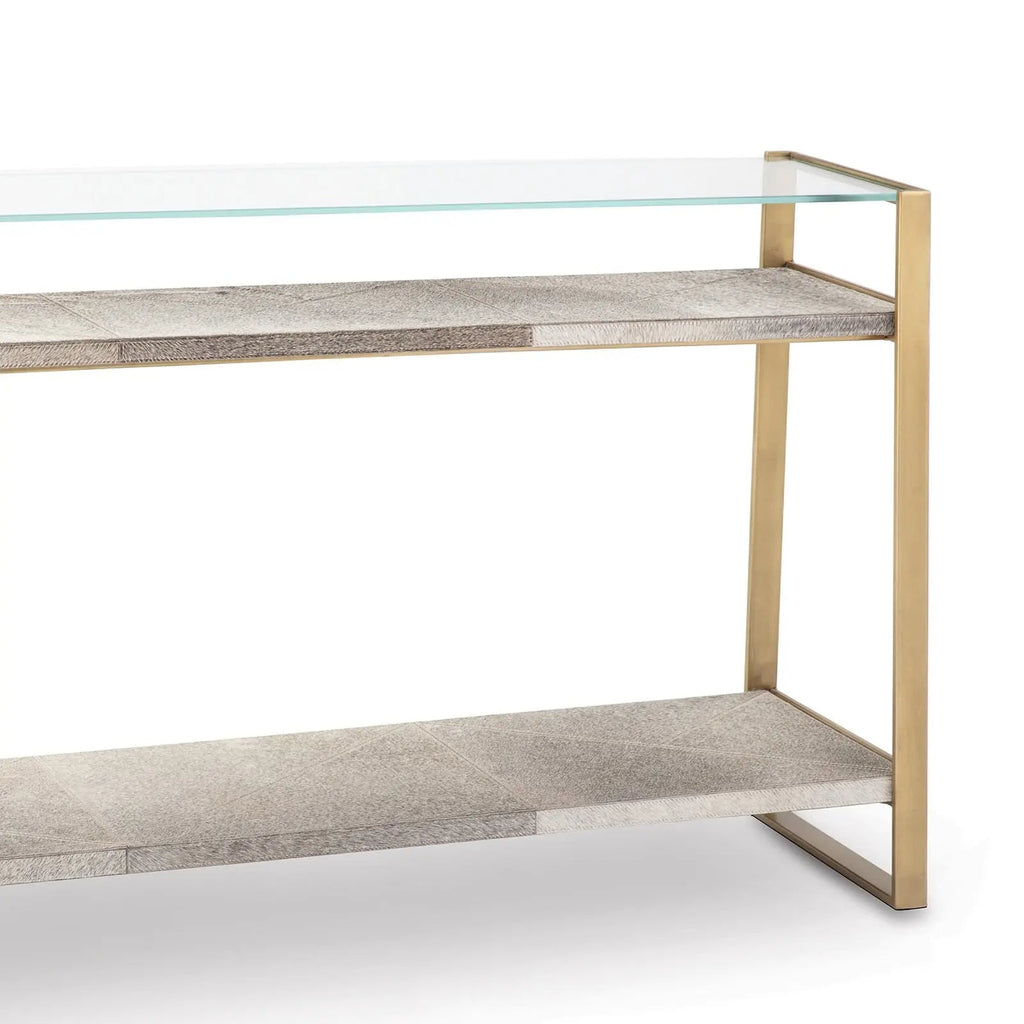 Andres Console – Wood-Look Shelves, Glass Top, Gold or Nickel