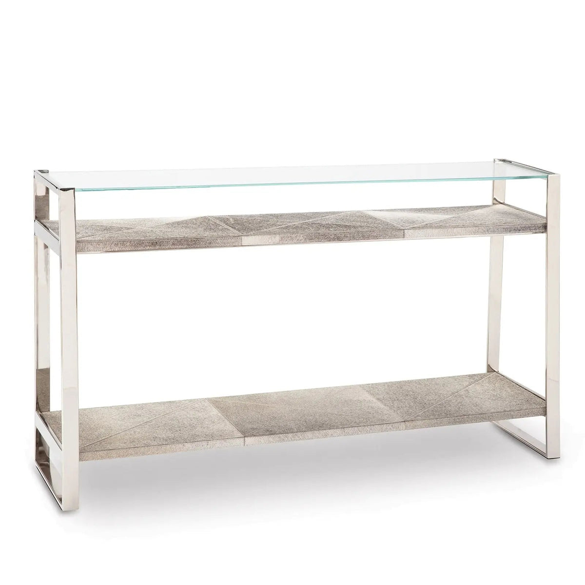 Andres Console – Wood-Look Shelves, Glass Top, Gold or Nickel