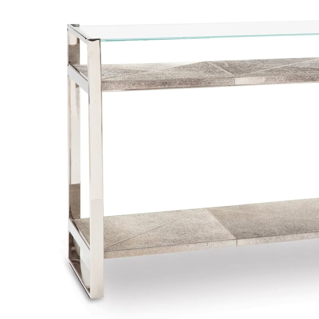 Andres Console – Wood-Look Shelves, Glass Top, Gold or Nickel