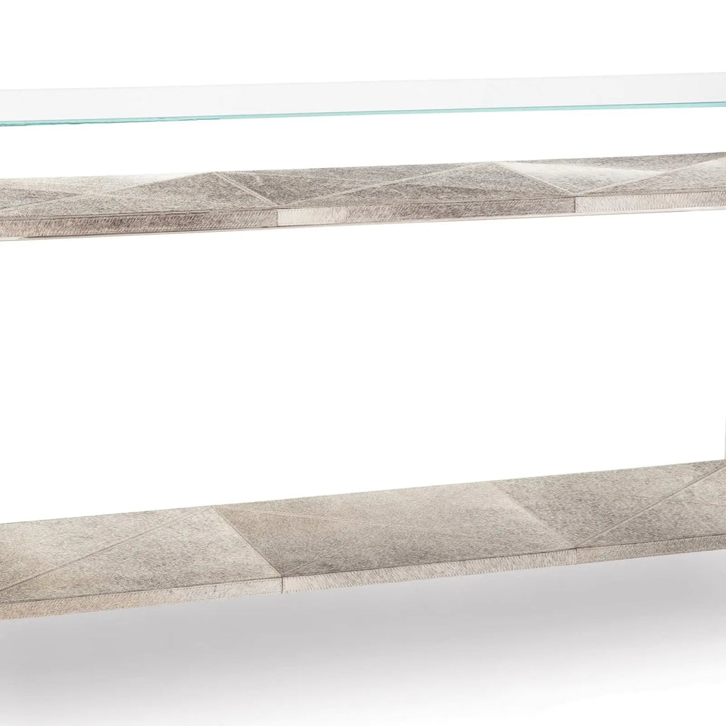 Andres Console – Wood-Look Shelves, Glass Top, Gold or Nickel
