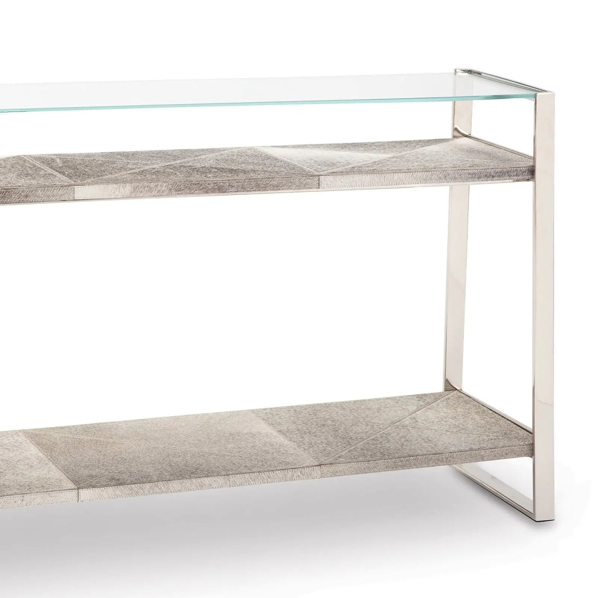 Andres Console – Wood-Look Shelves, Glass Top, Gold or Nickel