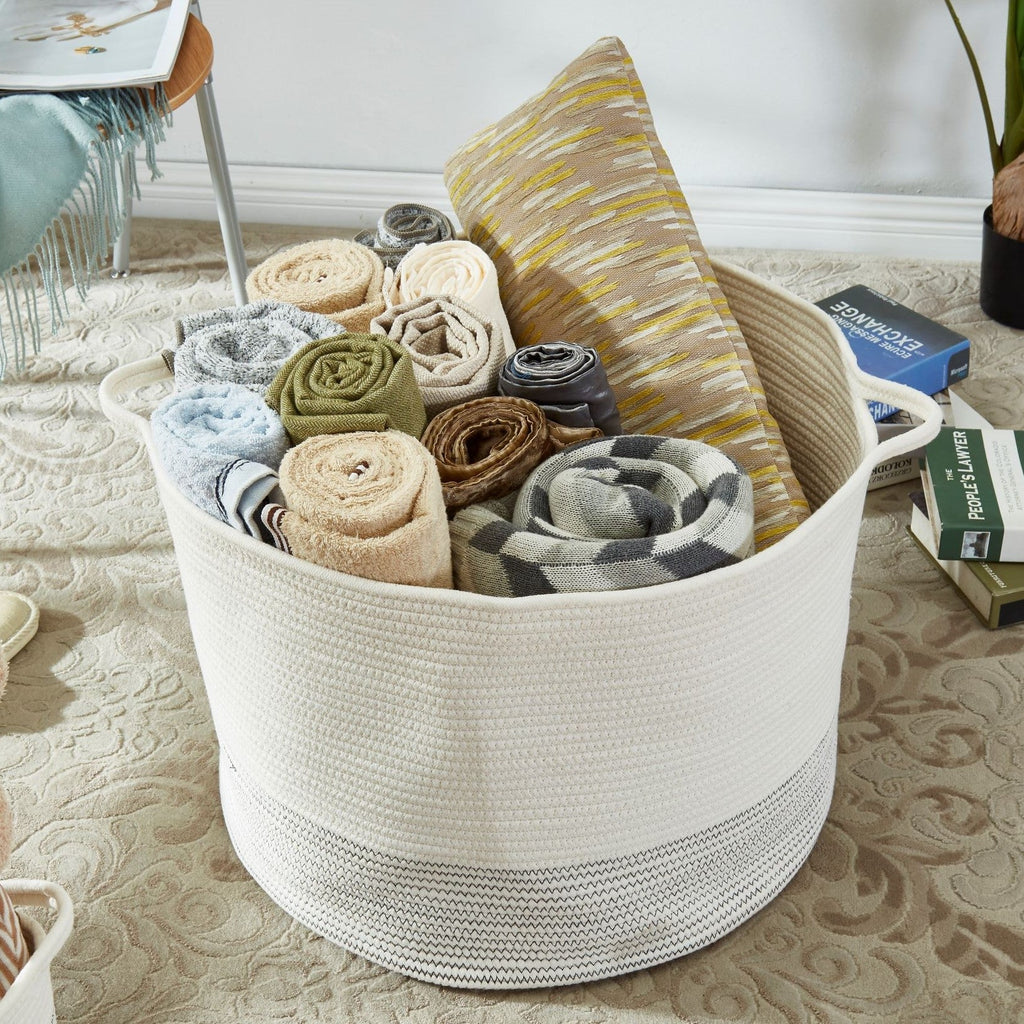 Large Cotton Woven Rope Baskets (2pcs) w/Handles - Cotton Storage Bins