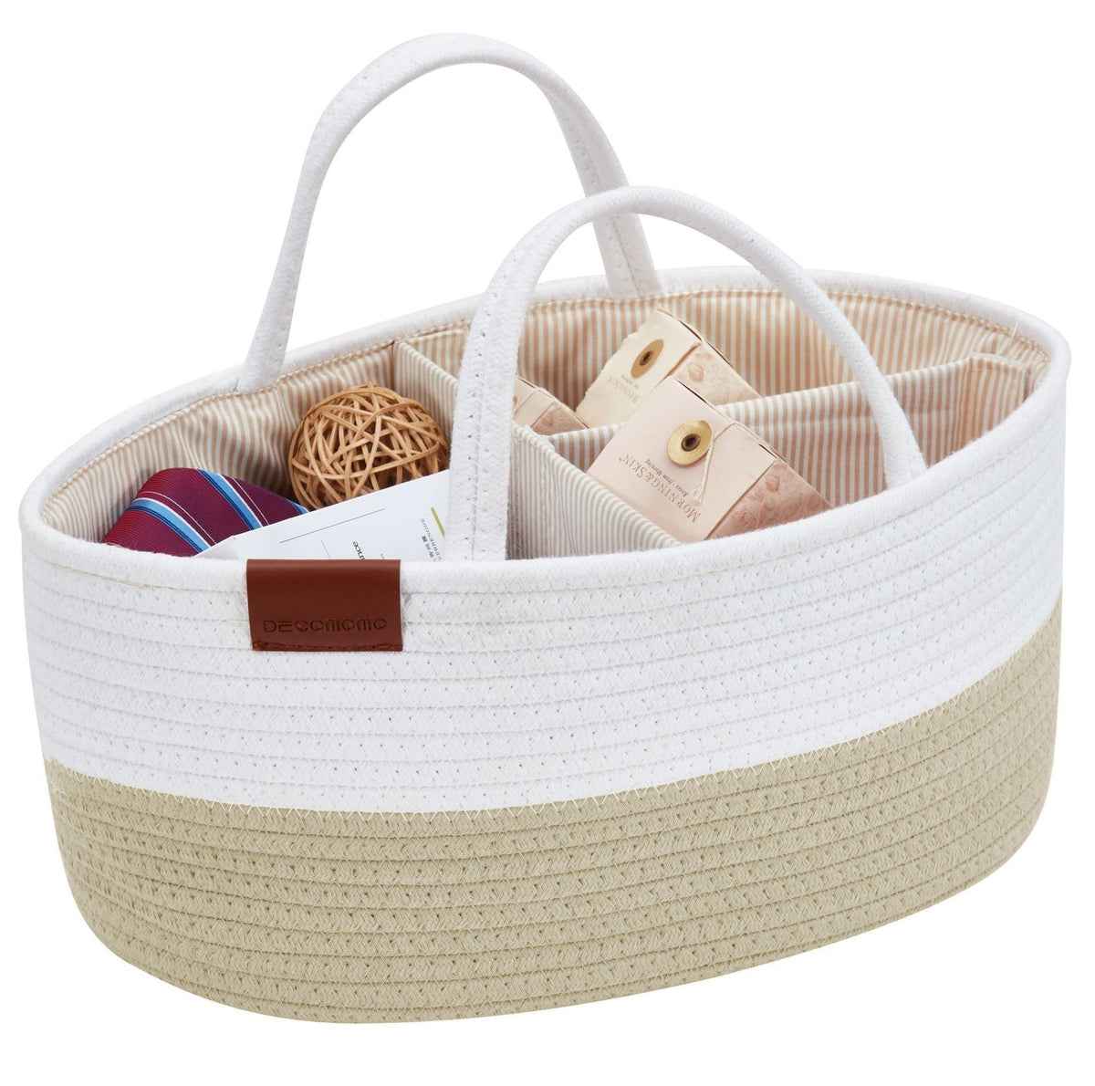 Cotton Diaper Caddy Organizer W/Removable Divider | Cotton Rope Diaper Storage Basket