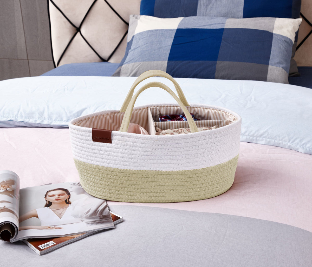 Cotton Diaper Caddy Organizer W/Removable Divider | Cotton Rope Diaper Storage Basket