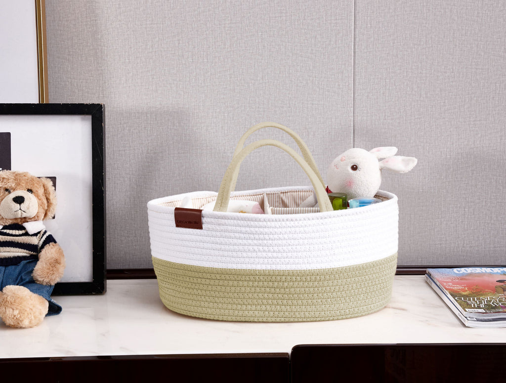 Cotton Diaper Caddy Organizer W/Removable Divider | Cotton Rope Diaper Storage Basket