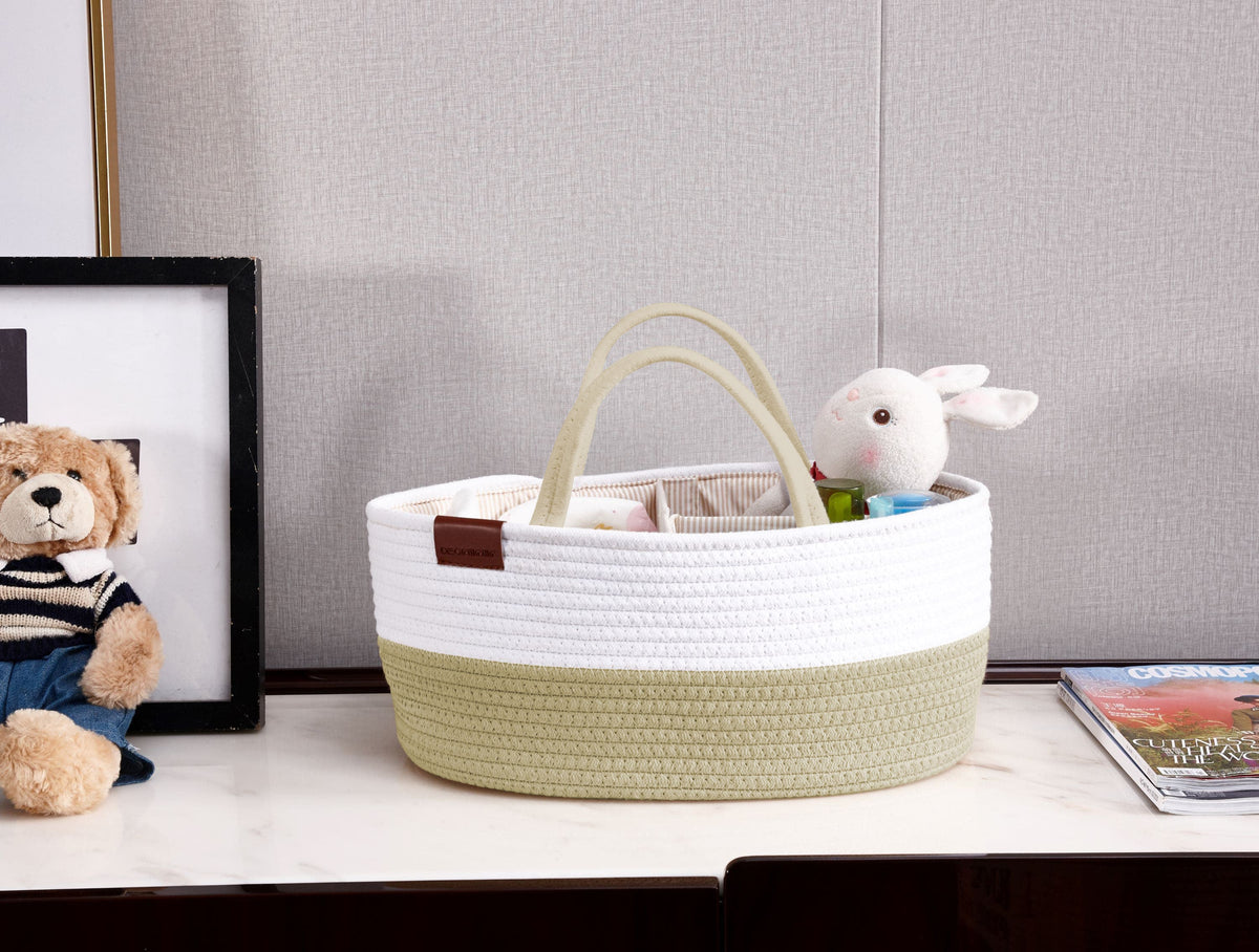 Cotton Diaper Caddy Organizer W/Removable Divider | Cotton Rope Diaper Storage Basket