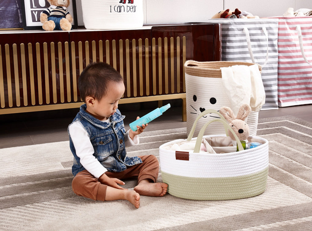 Cotton Diaper Caddy Organizer W/Removable Divider | Cotton Rope Diaper Storage Basket