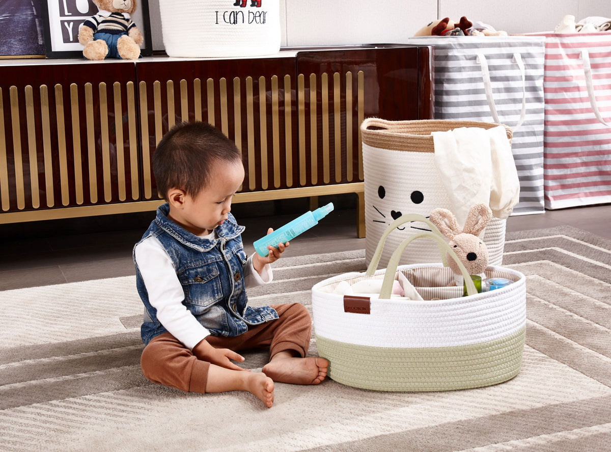 Cotton Diaper Caddy Organizer W/Removable Divider | Cotton Rope Diaper Storage Basket