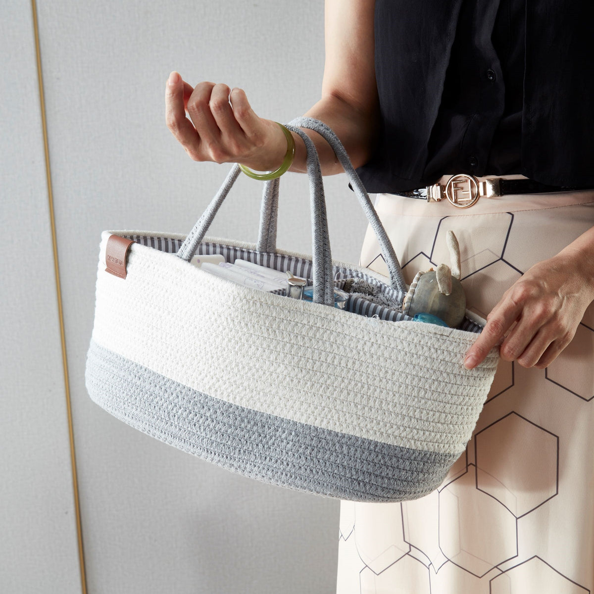 Cotton Diaper Caddy Organizer W/Removable Divider | Cotton Rope Diaper Storage Basket