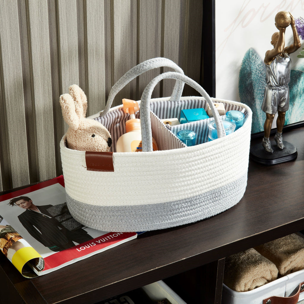 Cotton Diaper Caddy Organizer W/Removable Divider | Cotton Rope Diaper Storage Basket