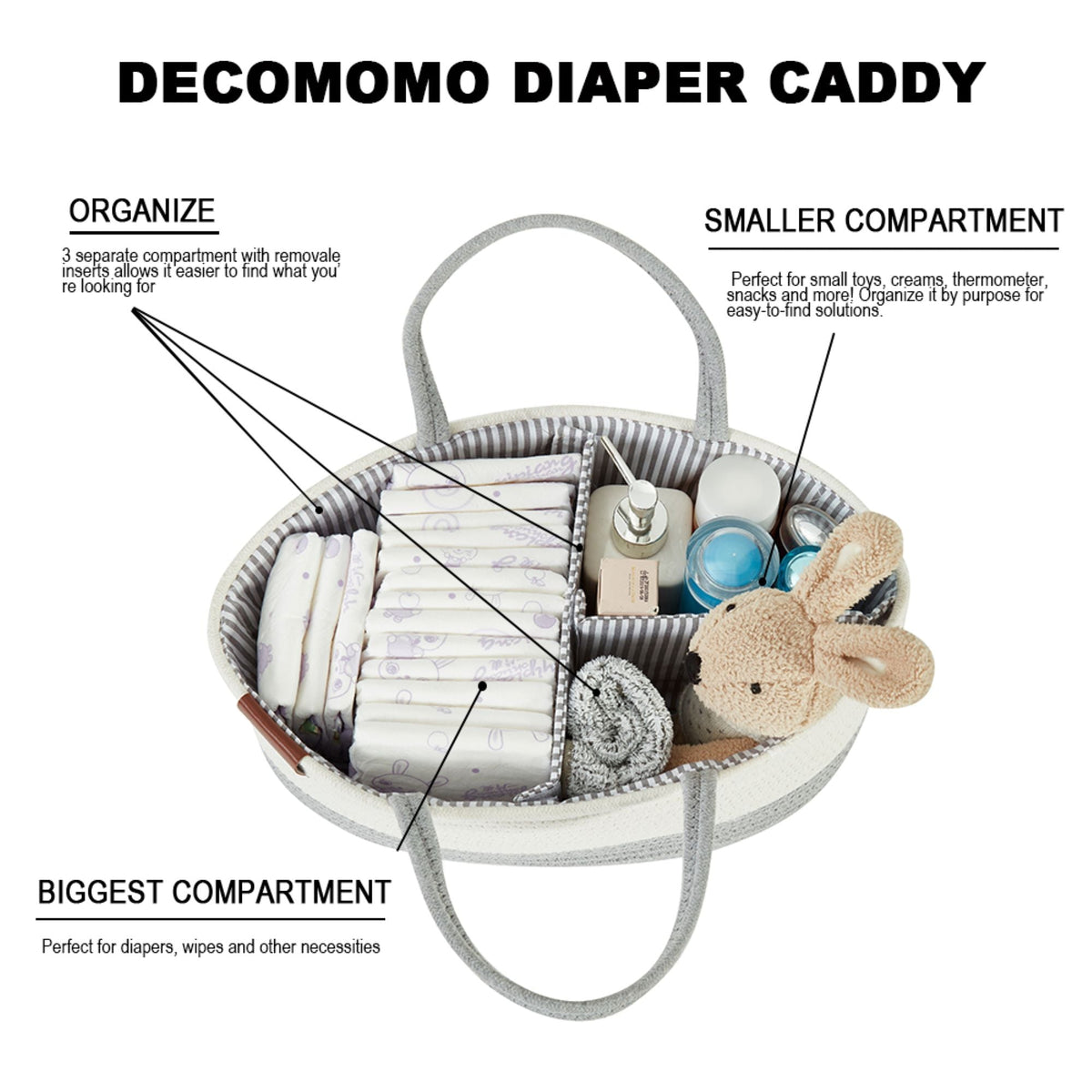 Cotton Diaper Caddy Organizer W/Removable Divider | Cotton Rope Diaper Storage Basket