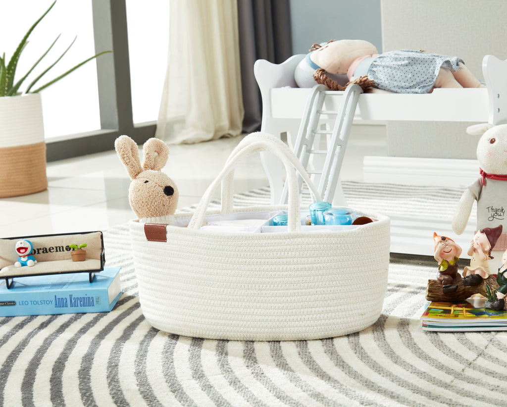 Cotton Diaper Caddy Organizer W/Removable Divider | Cotton Rope Diaper Storage Basket