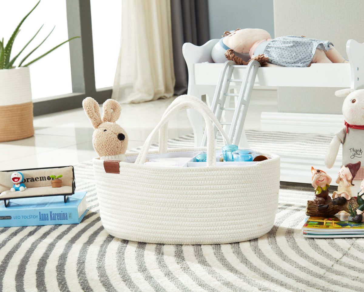 Cotton Diaper Caddy Organizer W/Removable Divider | Cotton Rope Diaper Storage Basket