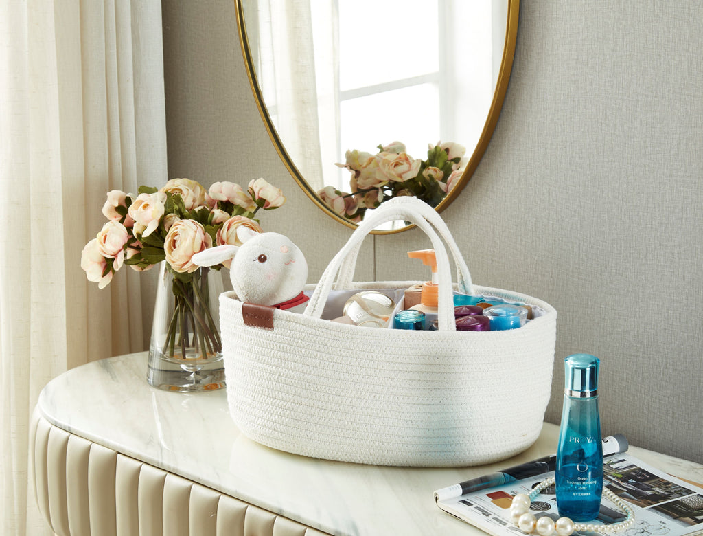 Cotton Diaper Caddy Organizer W/Removable Divider | Cotton Rope Diaper Storage Basket