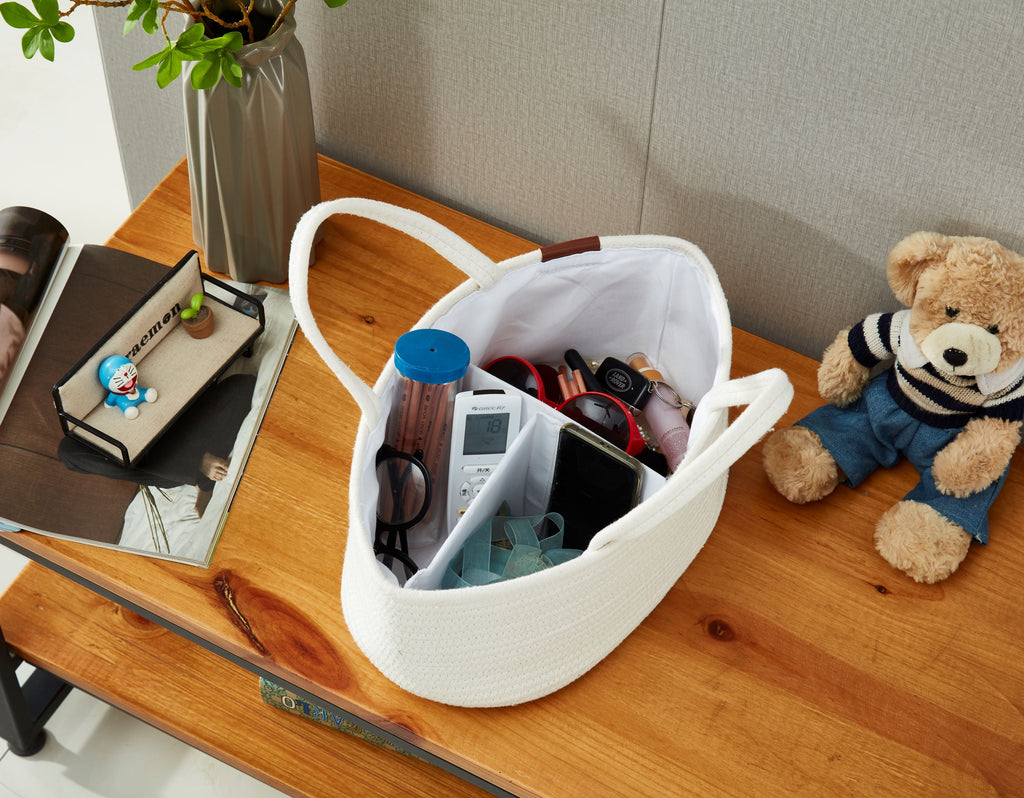 Cotton Diaper Caddy Organizer W/Removable Divider | Cotton Rope Diaper Storage Basket