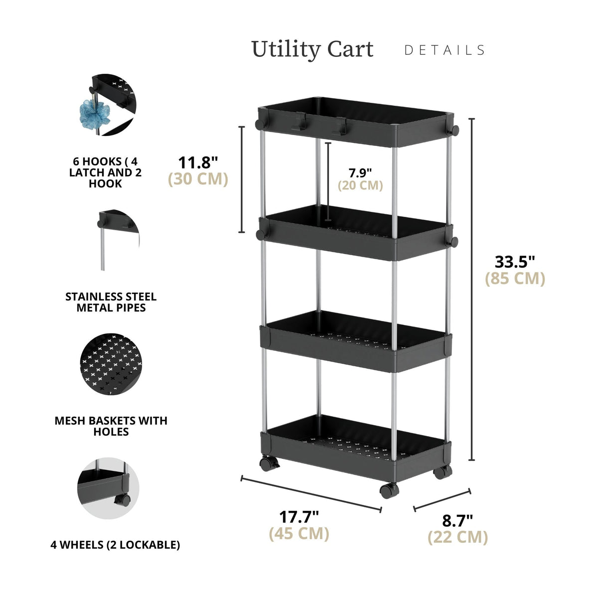 4-Tier Rolling Cart With 360 Rotation Wheels | Multi-Purpose Storage Trolley With Hooks