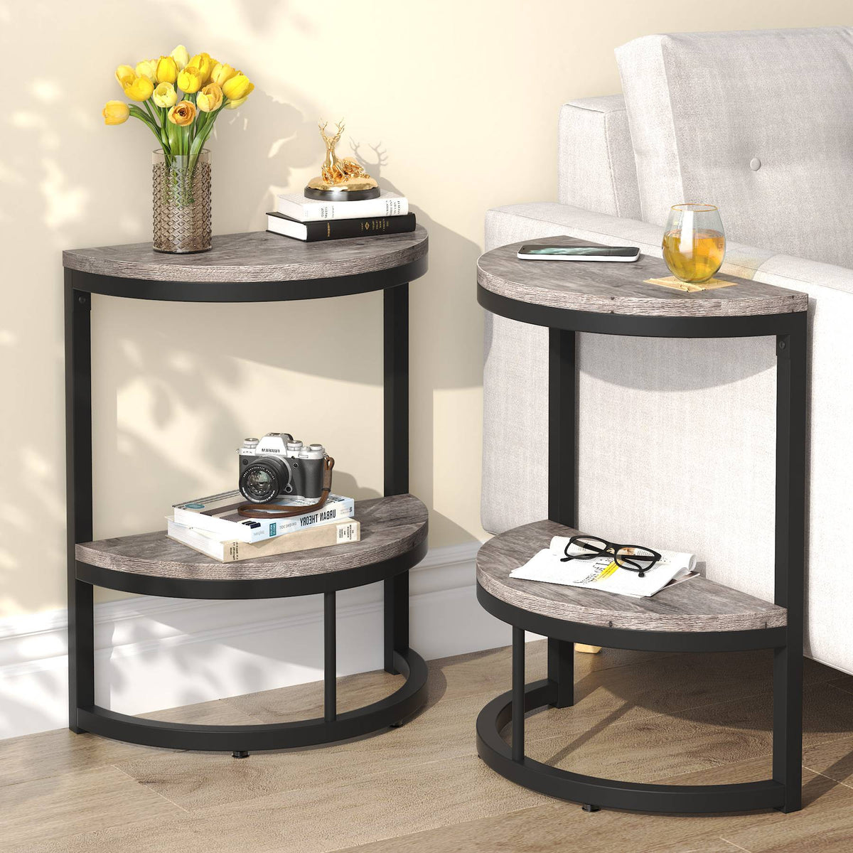Half Round End Table with Metal Frame