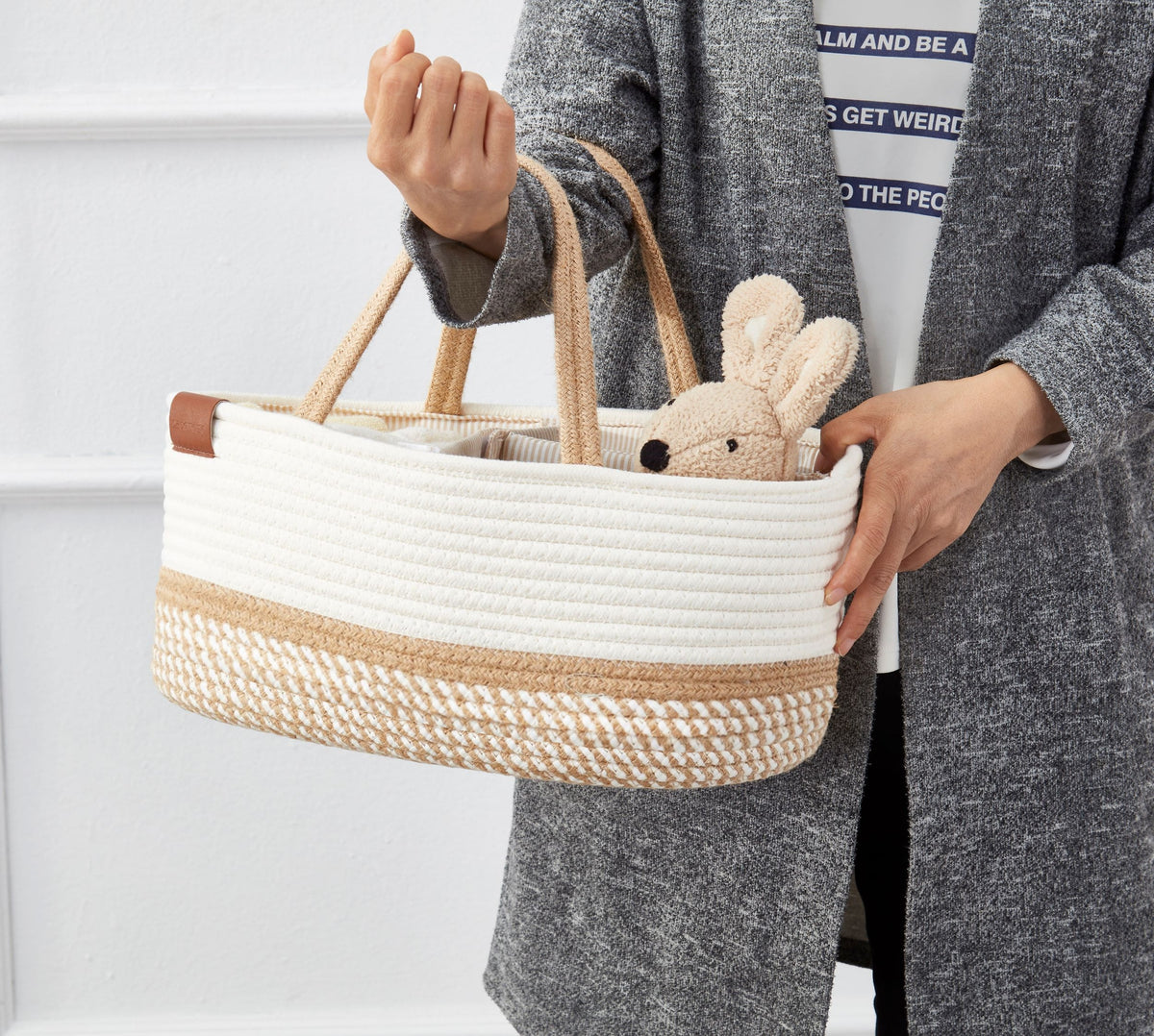 Cotton Diaper Caddy Organizer W/Removable Divider | Cotton Rope Diaper Storage Basket