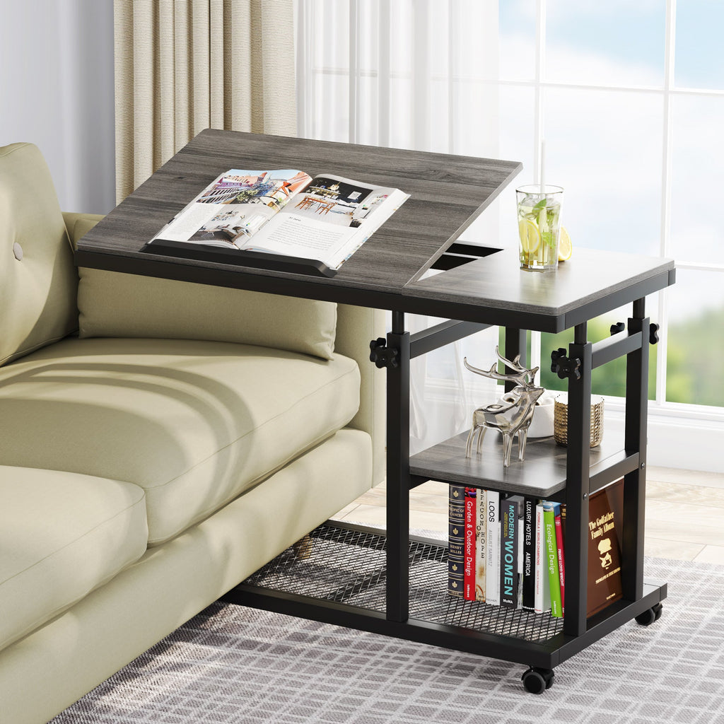Height Adjustable C Side Table with Rolling Wheels