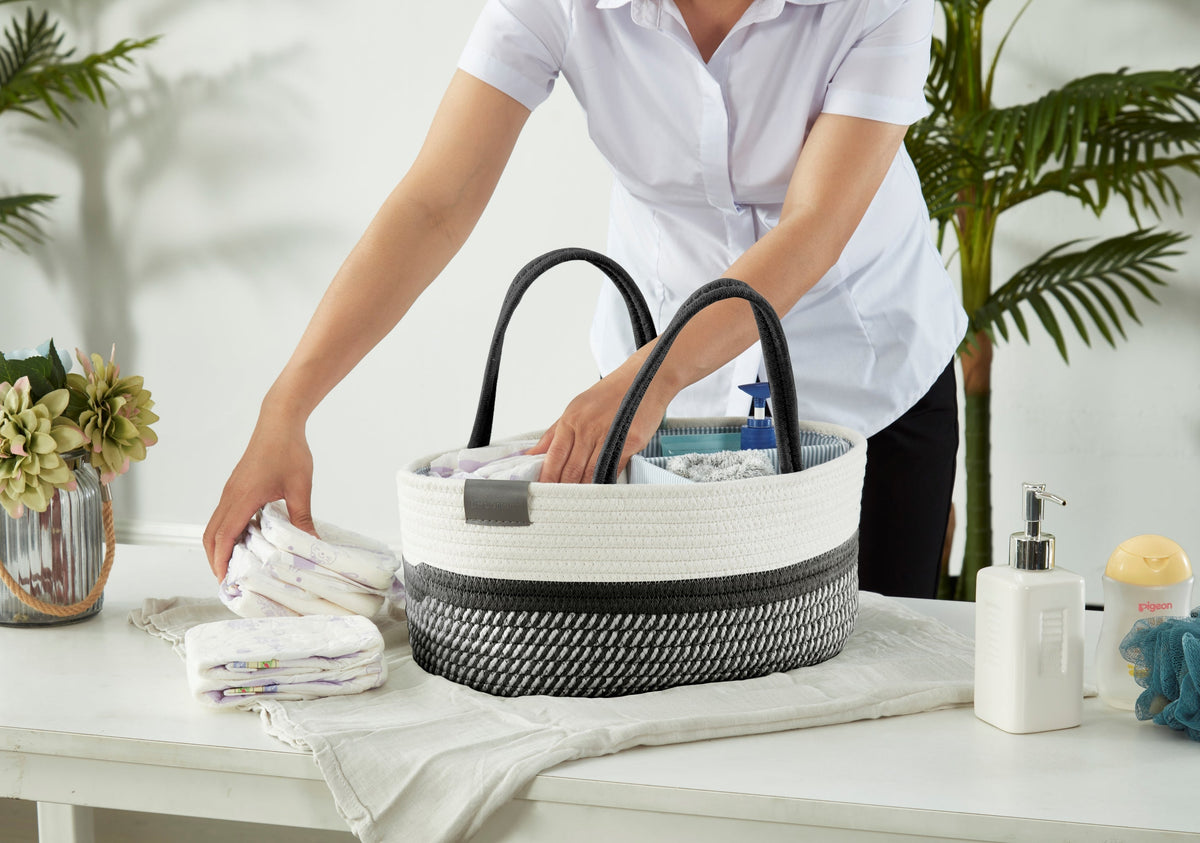 Cotton Diaper Caddy Organizer W/Removable Divider | Cotton Rope Diaper Storage Basket