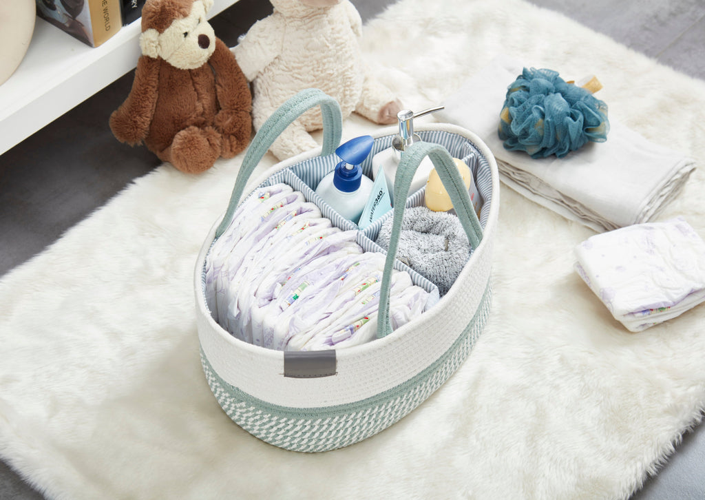 Cotton Diaper Caddy Organizer W/Removable Divider | Cotton Rope Diaper Storage Basket
