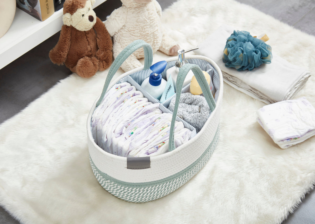 Cotton Diaper Caddy Organizer W/Removable Divider | Cotton Rope Diaper Storage Basket