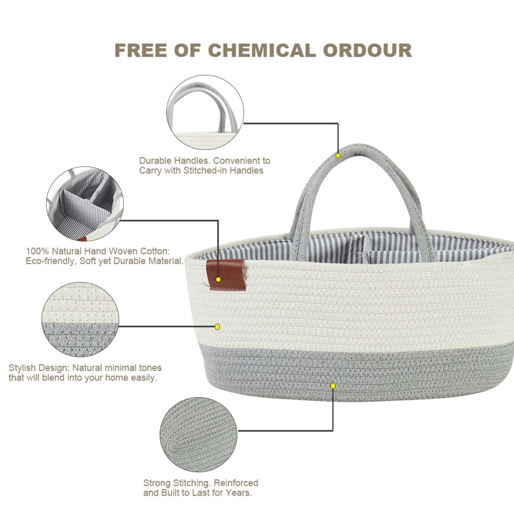 Cotton Diaper Caddy Organizer W/Removable Divider | Cotton Rope Diaper Storage Basket