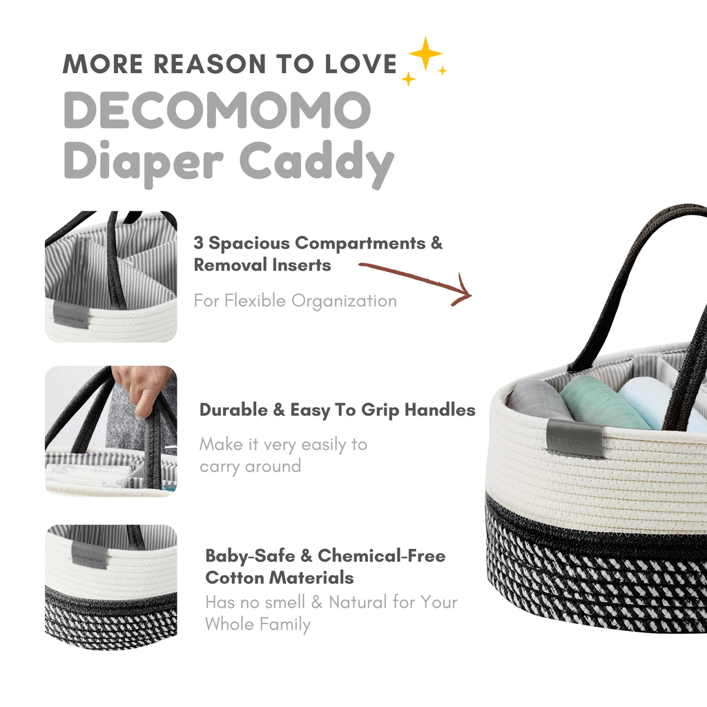 Cotton Diaper Caddy Organizer W/Removable Divider | Cotton Rope Diaper Storage Basket