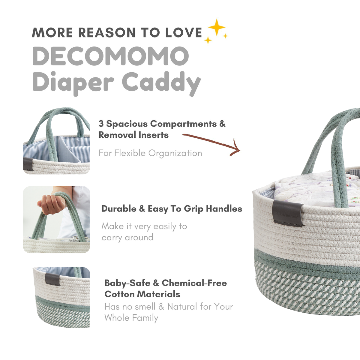 Cotton Diaper Caddy Organizer W/Removable Divider | Cotton Rope Diaper Storage Basket