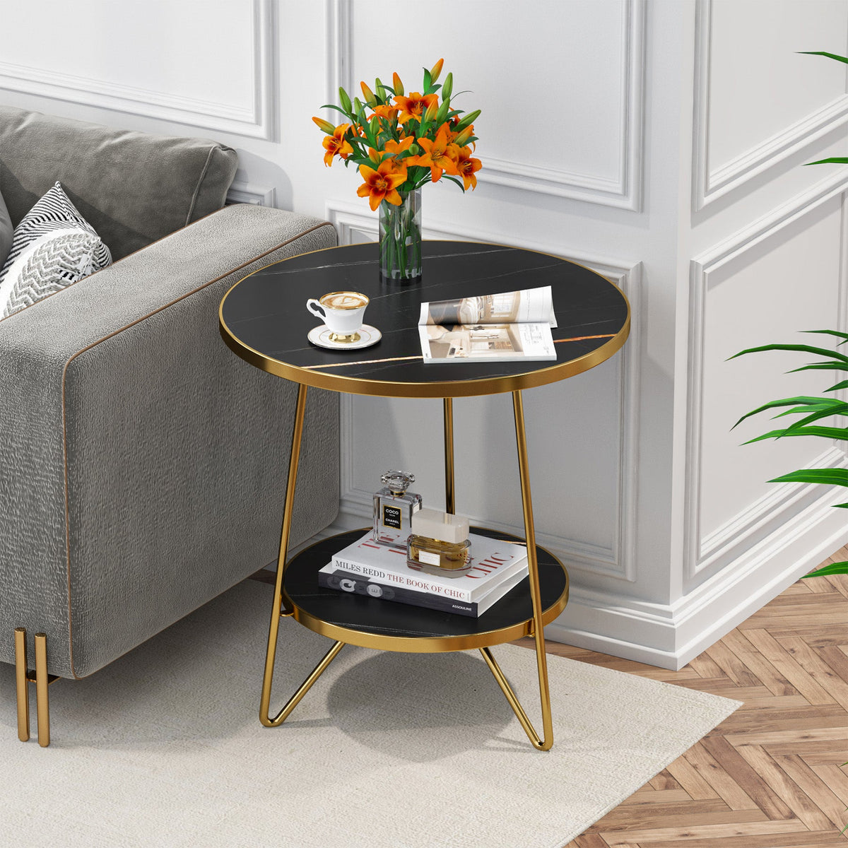 Faux Marble End Table, 2-Tier Round Sofa Table