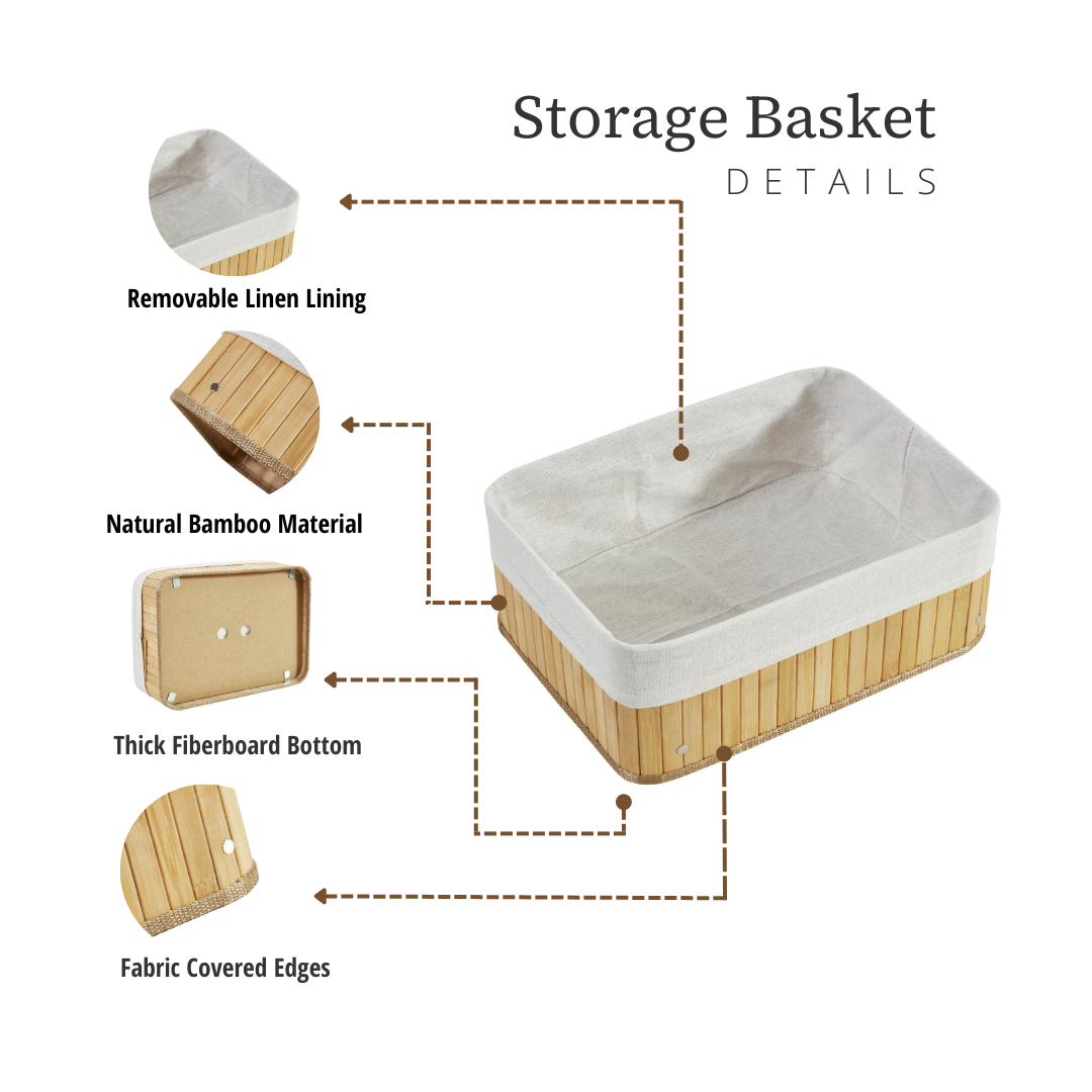 Bamboo Storage Basket with Removable Linen Storage Bin | Natural Wicker Baskets