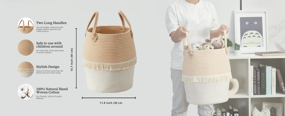 Large Decorative Basket | Baby Laundry Hamper | Woven Basket w/Handles